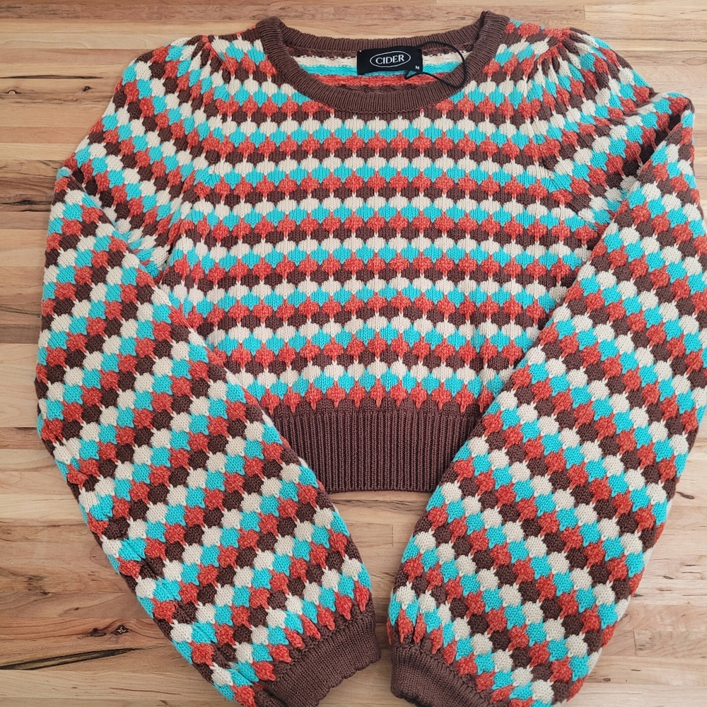 Cider Retro Geometric Print Cropped Sweater, Medium, Brown / Blue / Orange